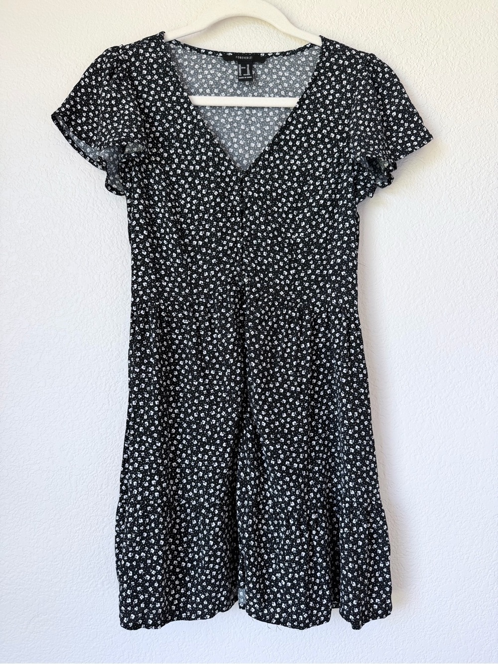 Forever 21 Ditsy Floral Mini Dress Black White Babydoll Cottagecore XS